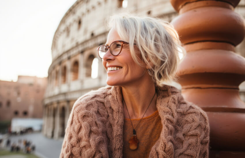 Femme posant devant le colisée de Rome